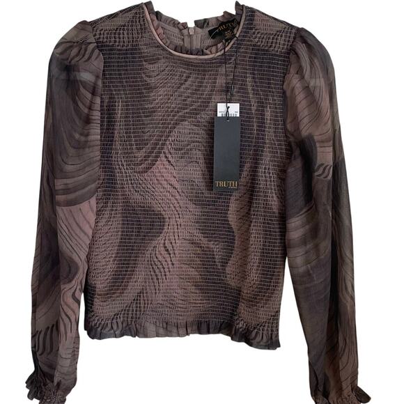 TRUTH BY REPUBLIC Tops - Truth By Republic NWT *FLAW* Smocked Blouse Top Sz M Sheer Long Sleeves Brown